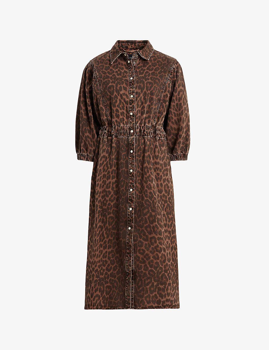 AllSaints Osa Leopard-print Elasticated-waist Denim Midi Dress in Brown |  Lyst UK