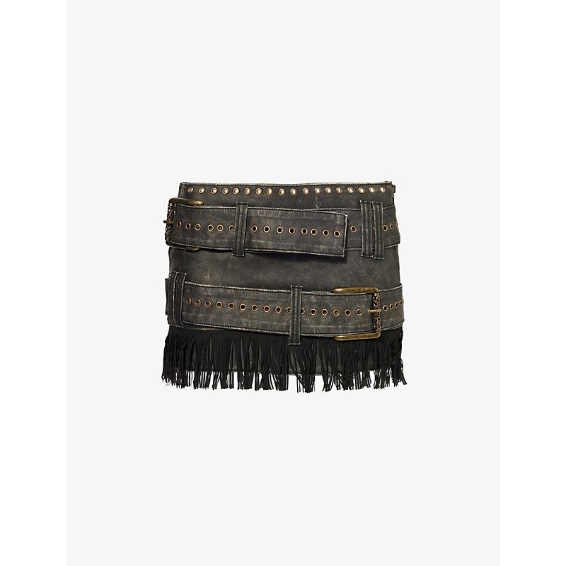 Jaded London Odile Fringed Faux-Leather Mini Skirt in Black