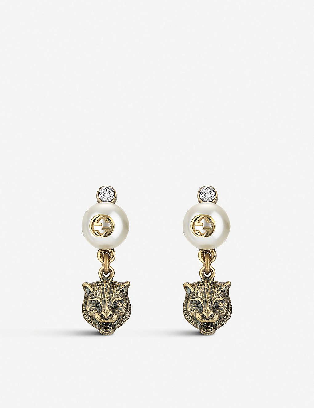 Gucci GG Pearlescent Drop Feline Earrings in Metallic Lyst