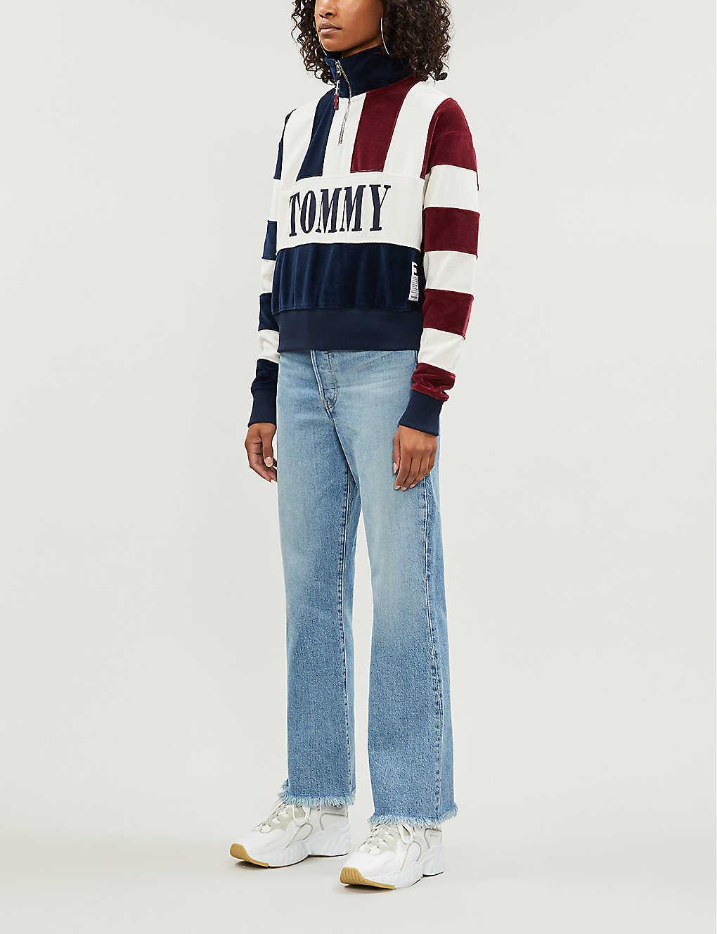 Tommy Hilfiger Branded Striped Fleece Sweatshirt in Blue - Lyst