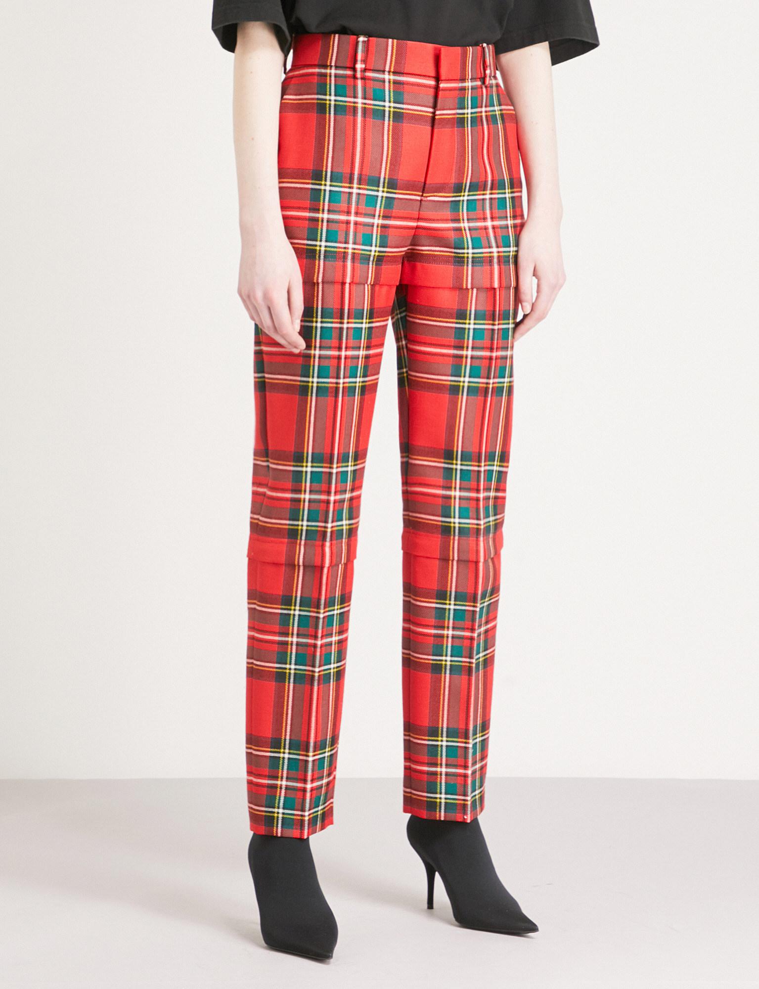 Balenciaga Zipped Tartan Straight Wool Trousers in Red - Lyst