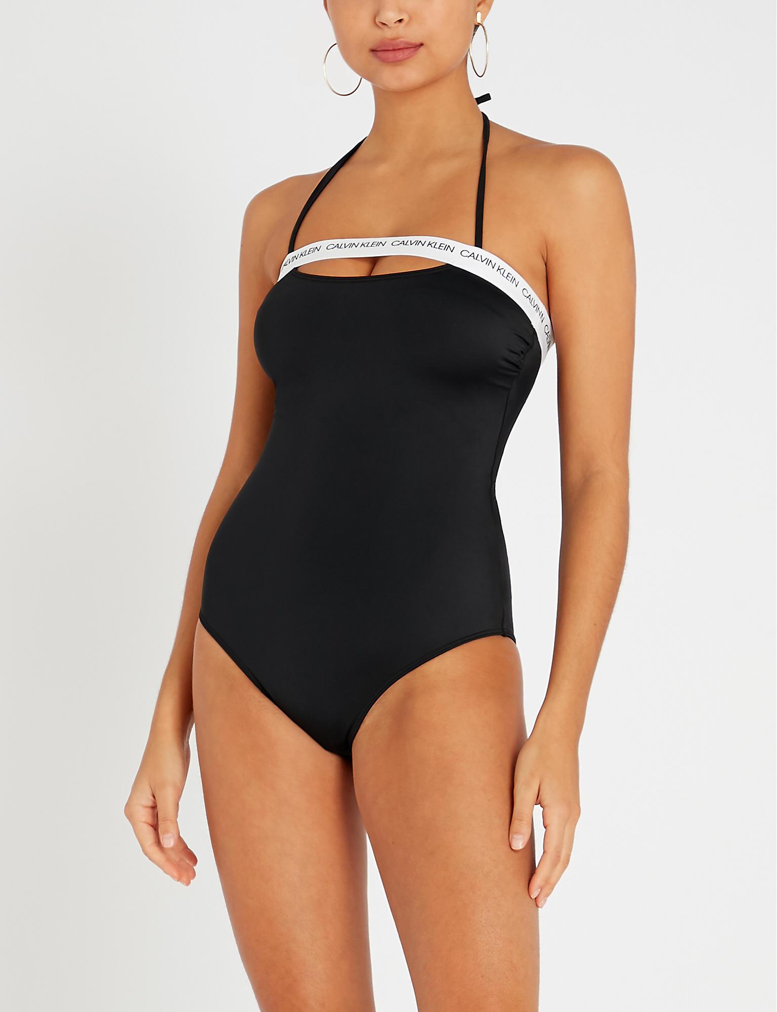 Calvin Klein Bandeau Logo-trim Swimsuit in Black | Lyst