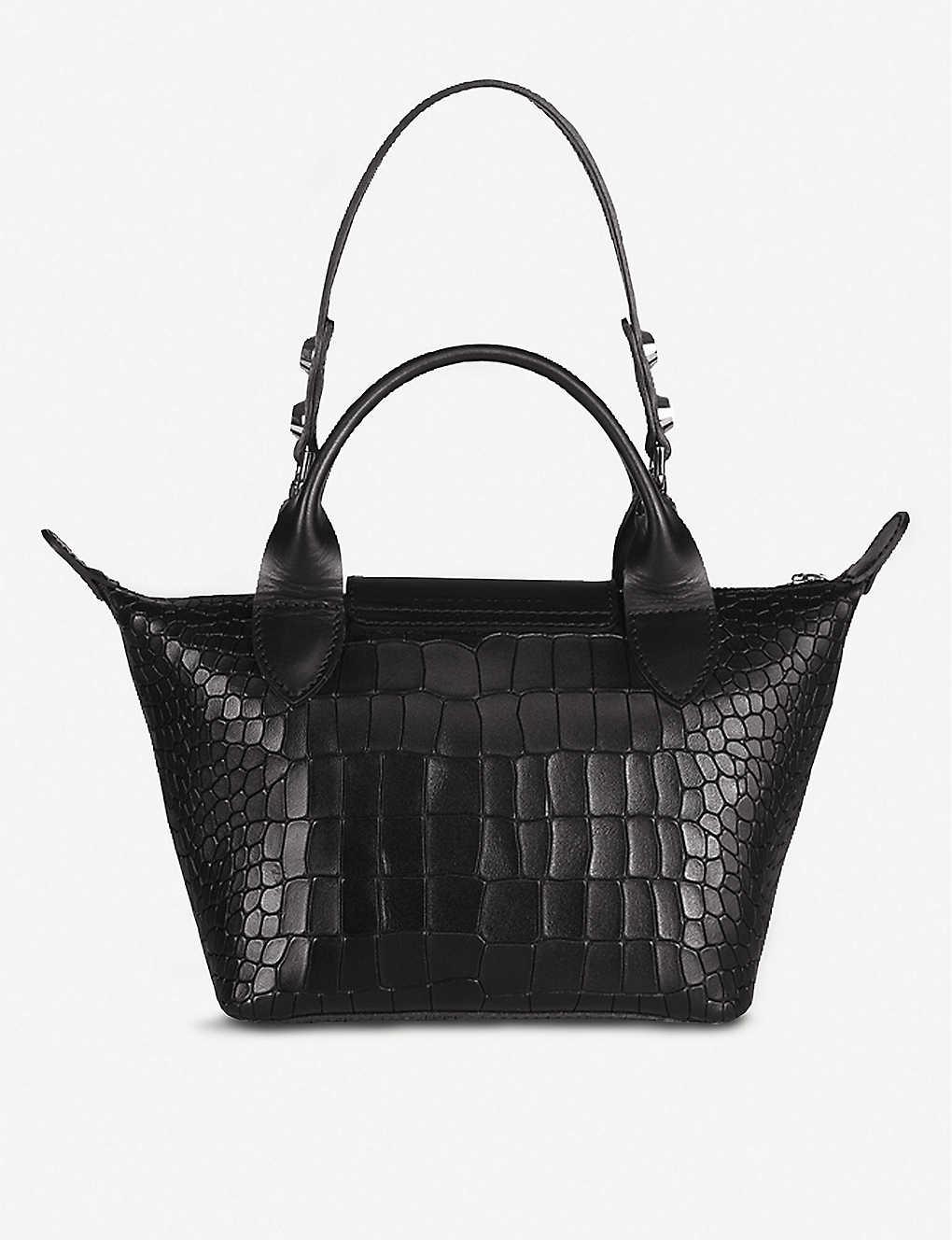 Longchamp Le Pliage Cuir Mini Croc-embossed Leather Top-handle Bag in Black  | Lyst