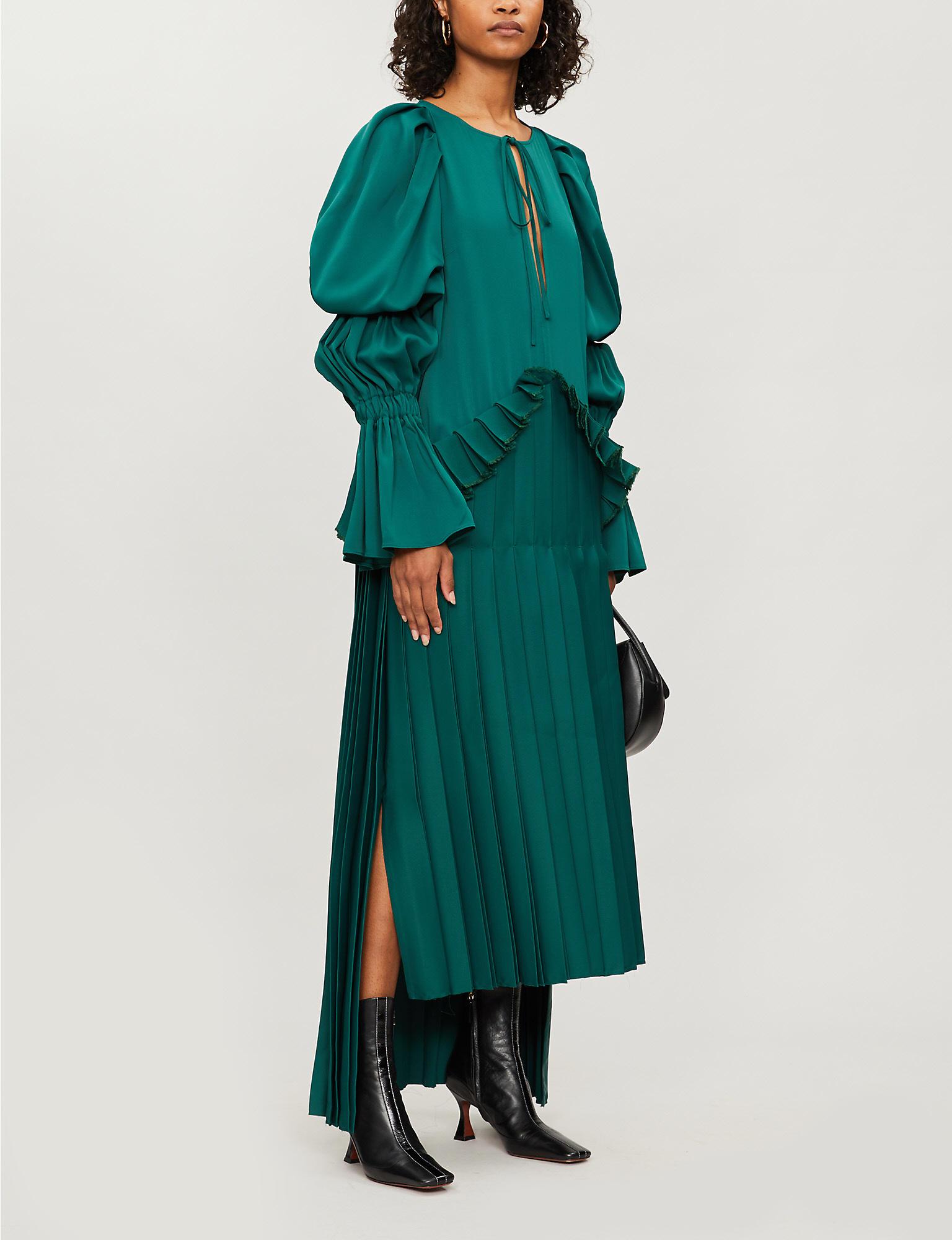 KHAITE Cara Oversized Ruffled Pleated Satin-crepe Maxi Dress in Green | Lyst