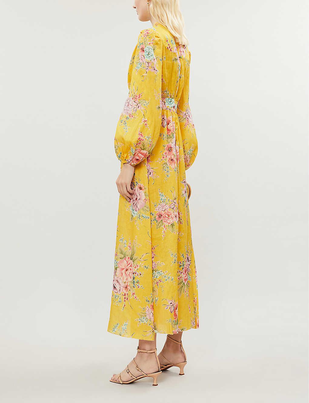 chinese dress ladies Zimmermann Yellow Floral Print Linen Dress with Corset Tie Details Siz   Sellier