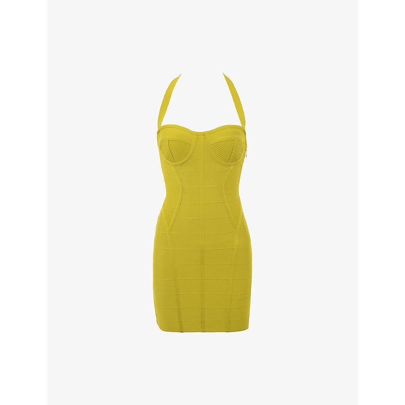 House Of Cb The Sculpt Halter-Neck Bandage Stretch-Woven Mini Dress in  Yellow | Lyst
