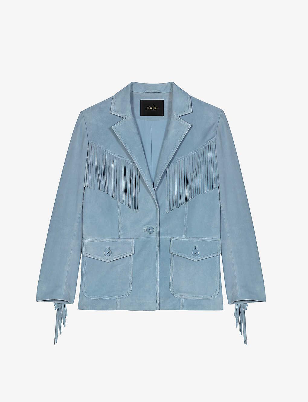 Maje Fringeembellished Suede Jacket in Blue Lyst