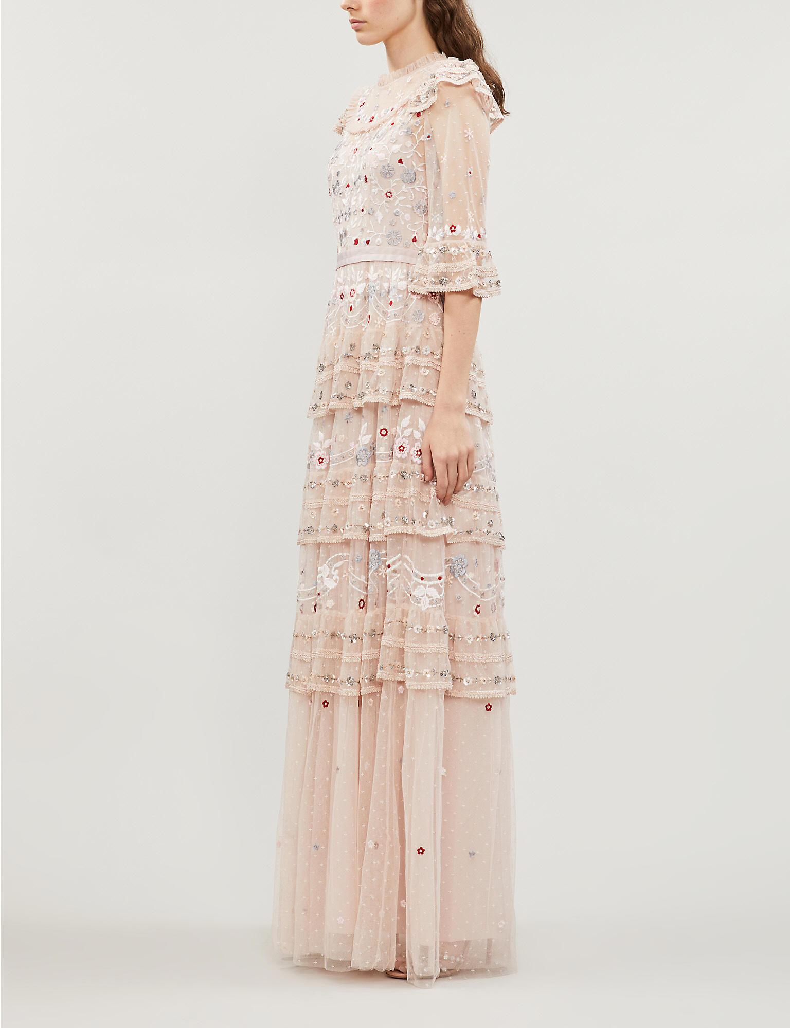 needle & thread pink eden tiered embellished tulle gown