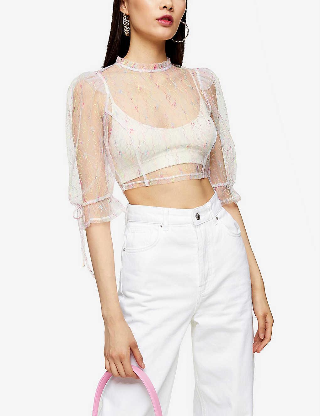 embroidered sheer mesh top