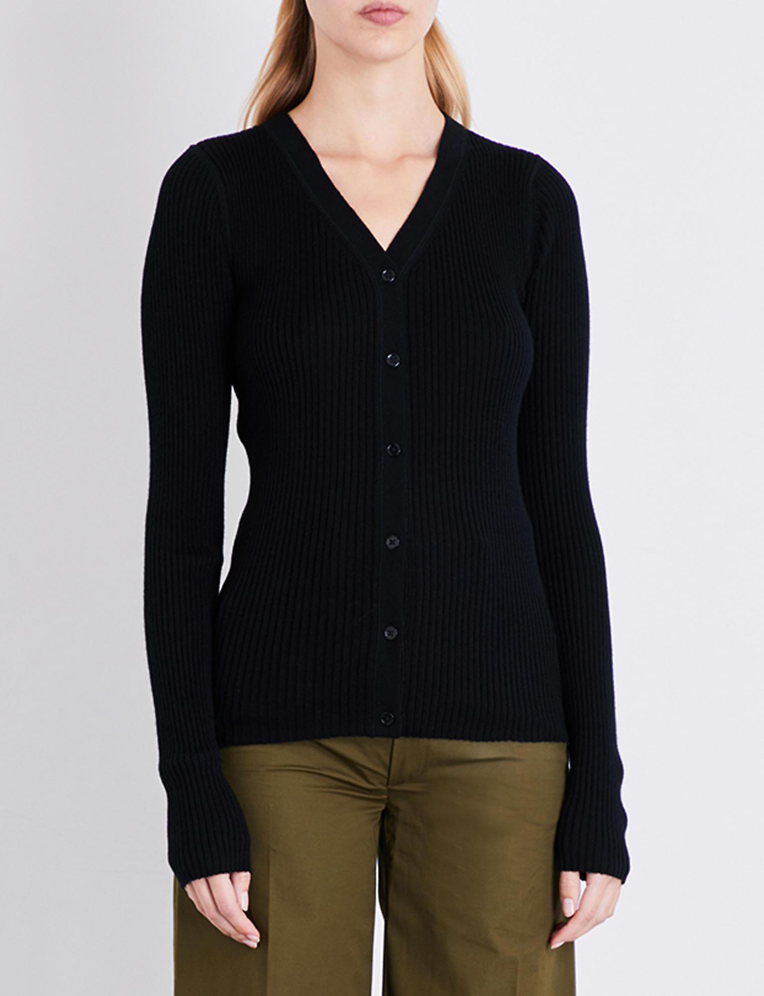 JOSEPH Ribbed-knit Wool Silk And Cashmere-blend Cardigan in Black - Lyst