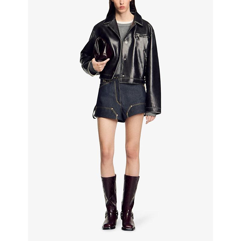 【海外限定】Sandroレザージャケット☆Jude faded-effect lace-u Sandro Womens Bruns Jude Faded-effect Lace-up Leather Jacket