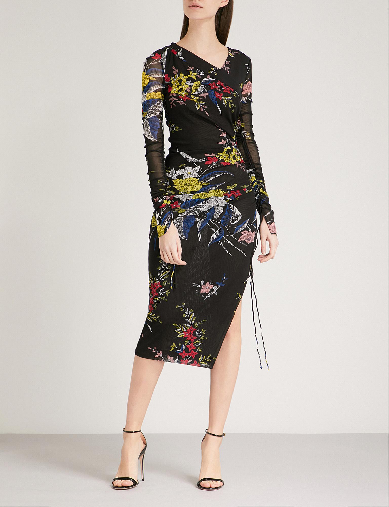 Diane von Furstenberg Floral-print Stretch-silk Mesh Dress in Black - Lyst