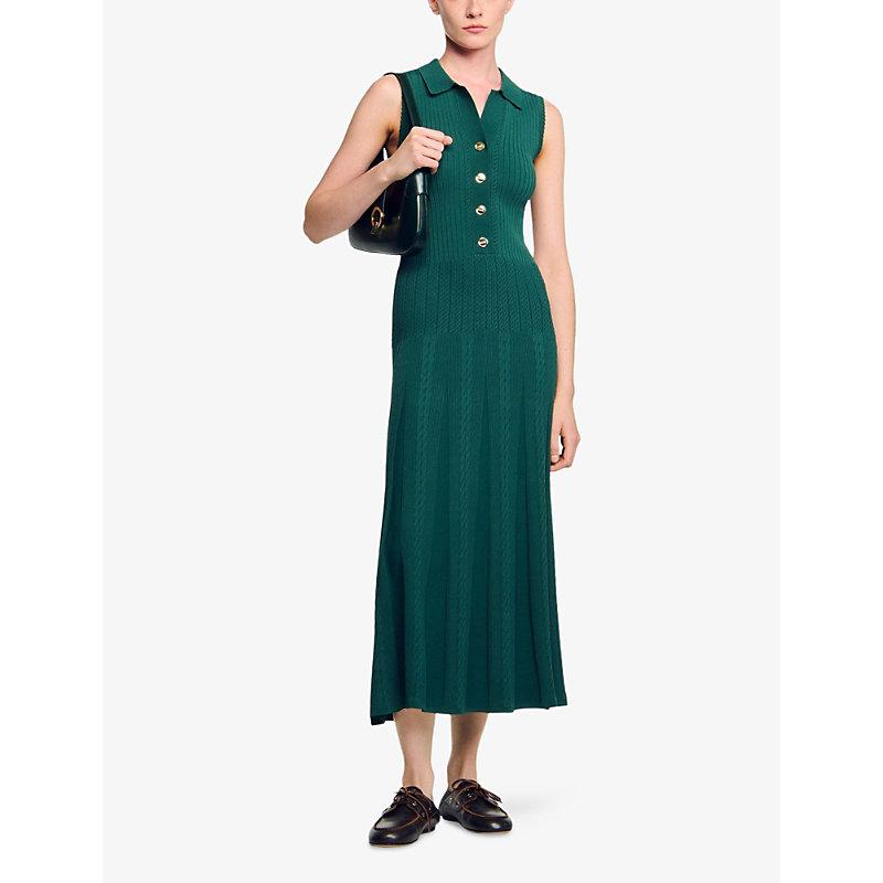 Sandro Polo-Collar Button-Down Stretch-Knit Midi Dress in Green | Lyst