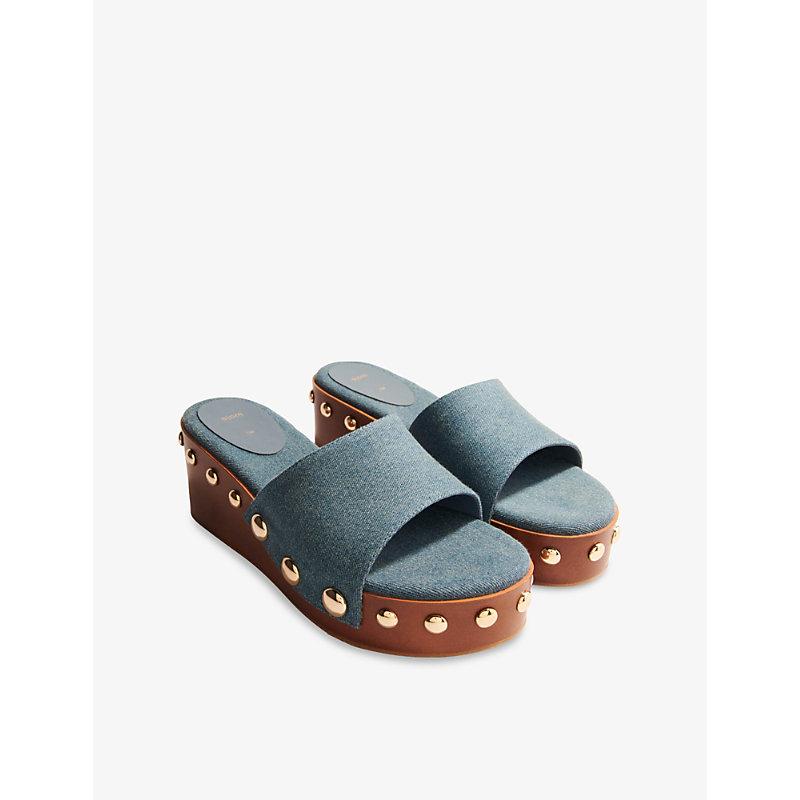 Maje Studded Denim Wedge Mules in Blue | Lyst