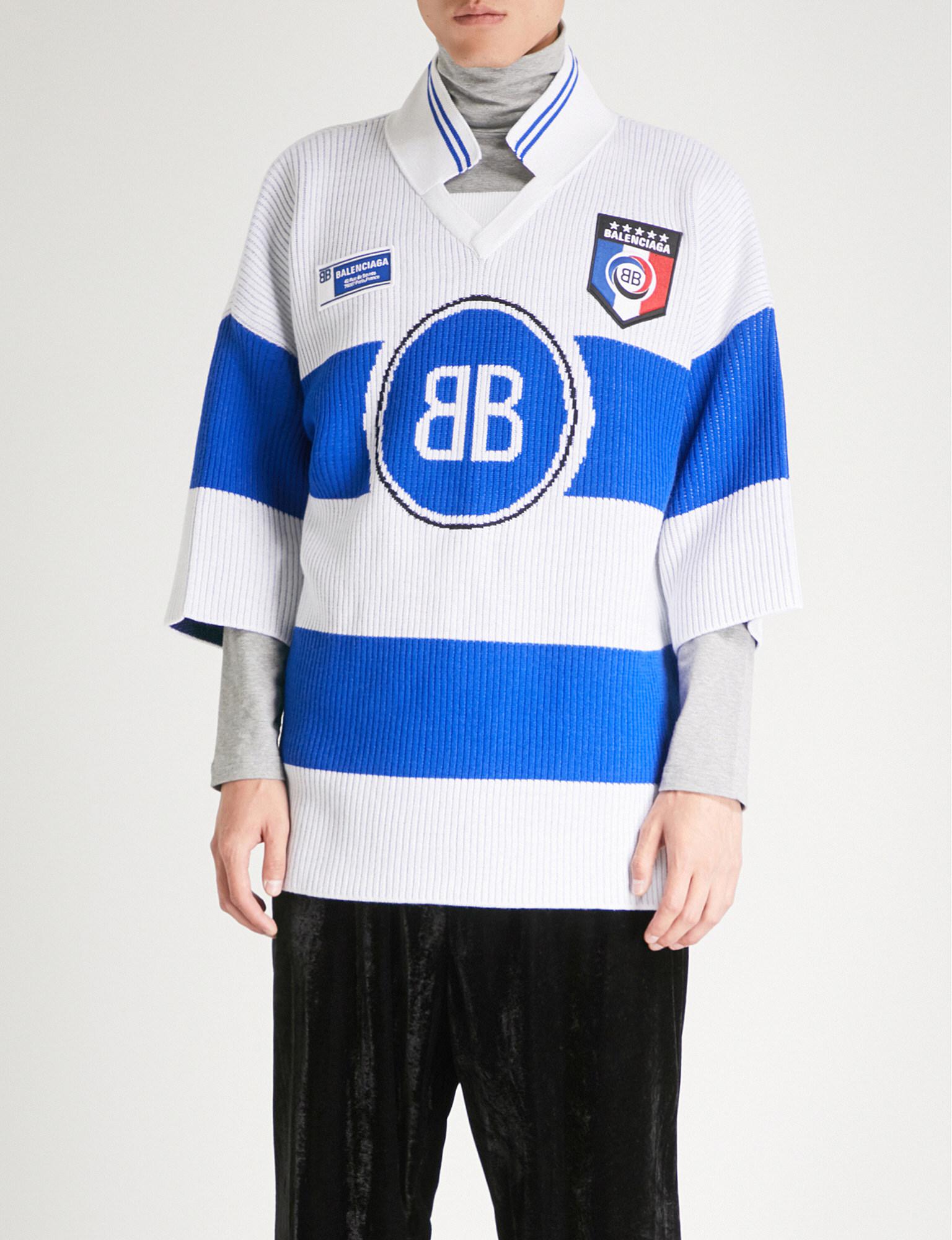 Balenciaga Mens Blue And White Striped Oversized Wool-blend Polo Sweater  for Men | Lyst