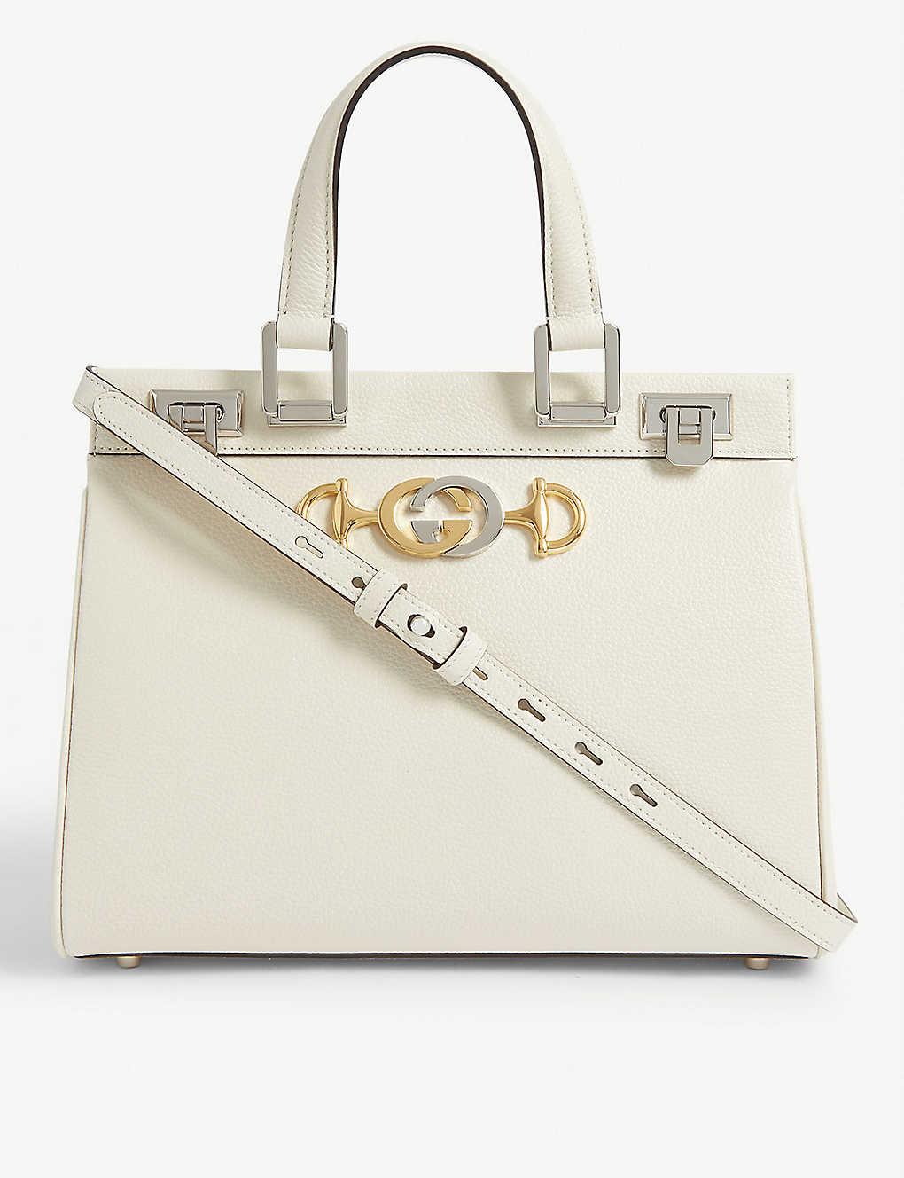 Gucci Zumi Grainy Leather Medium Top Handle Bag in White | Lyst