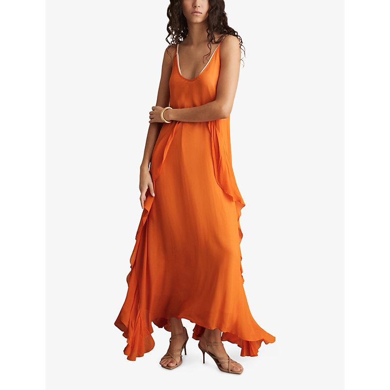 【海外限定】REISSワンピース☆Eden Ruffle Maxi Dress, Orange Reiss Eden Ruffled Woven Maxi Dress in Orange | Lyst