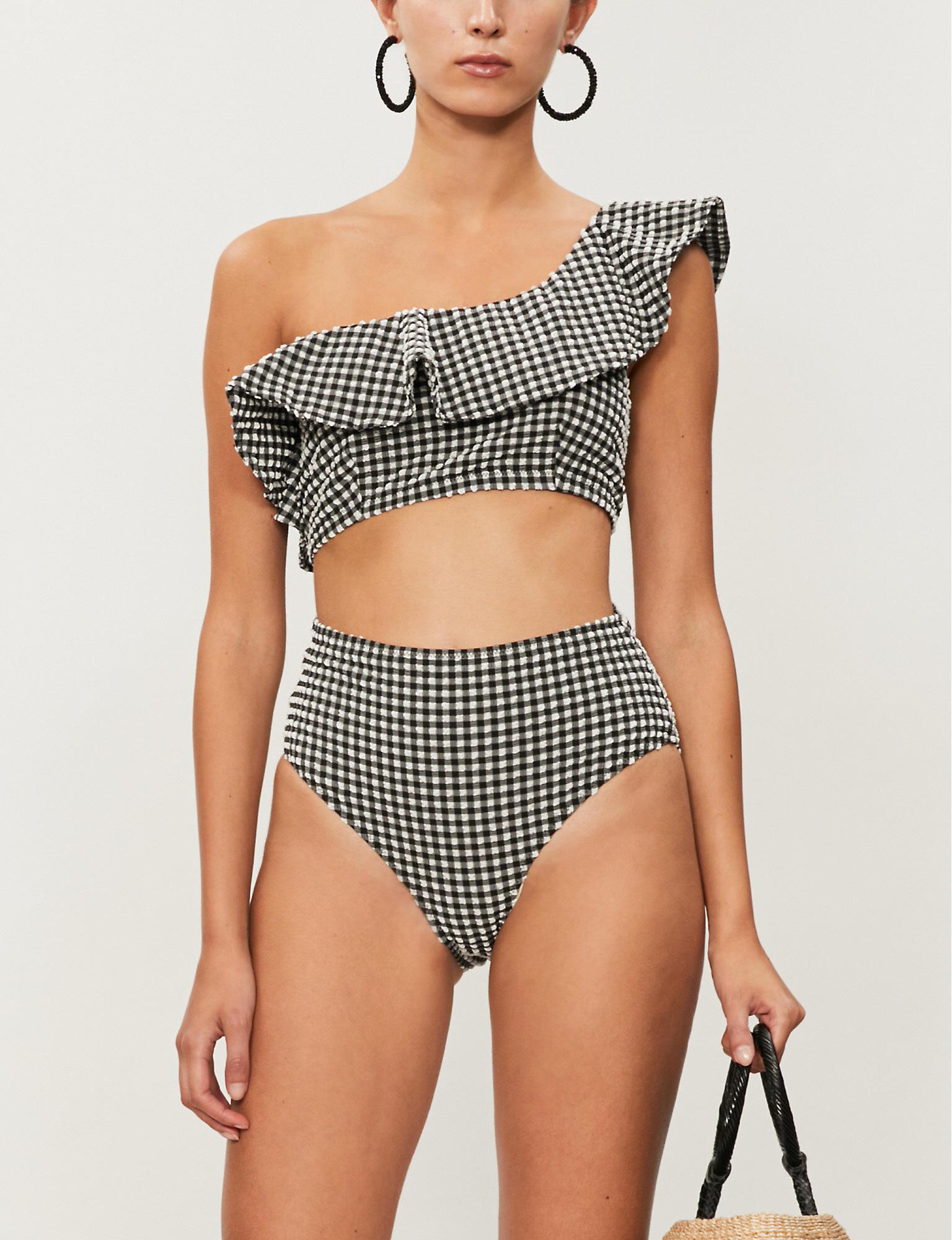 Ganni Synthetic Gingham Seersucker Bikini Top in Black - Lyst