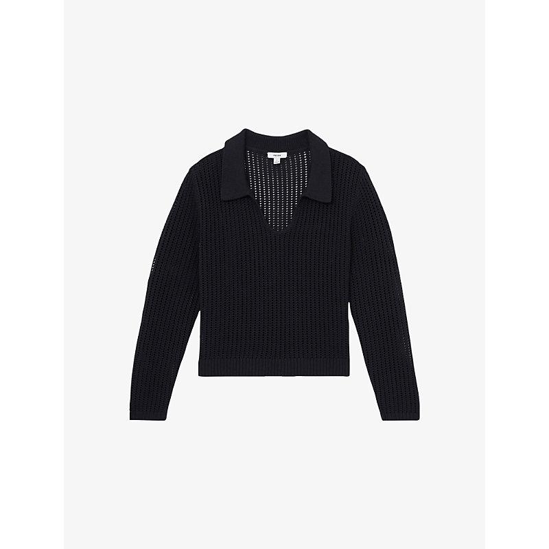 Reiss Matilda Open-Collar Cotton-Blend Knitted Jumper in Blue