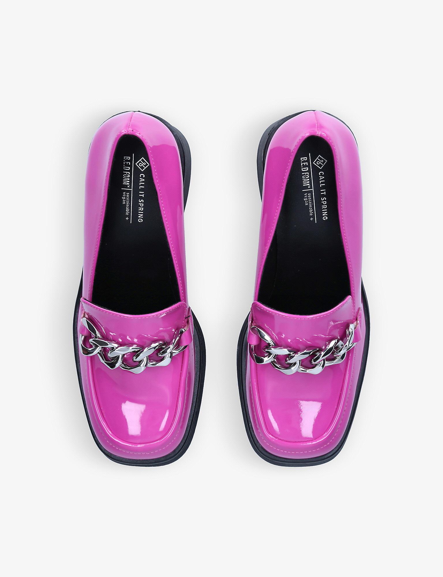 Call It Spring Noella Chain-embellished Patent Faux-leather Heeled Loafers  in Pink | Lyst