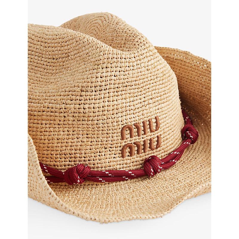 Miu Miu Embroidered Cord-Trim Raffia Cowboy Hat in Natural  display picture 3