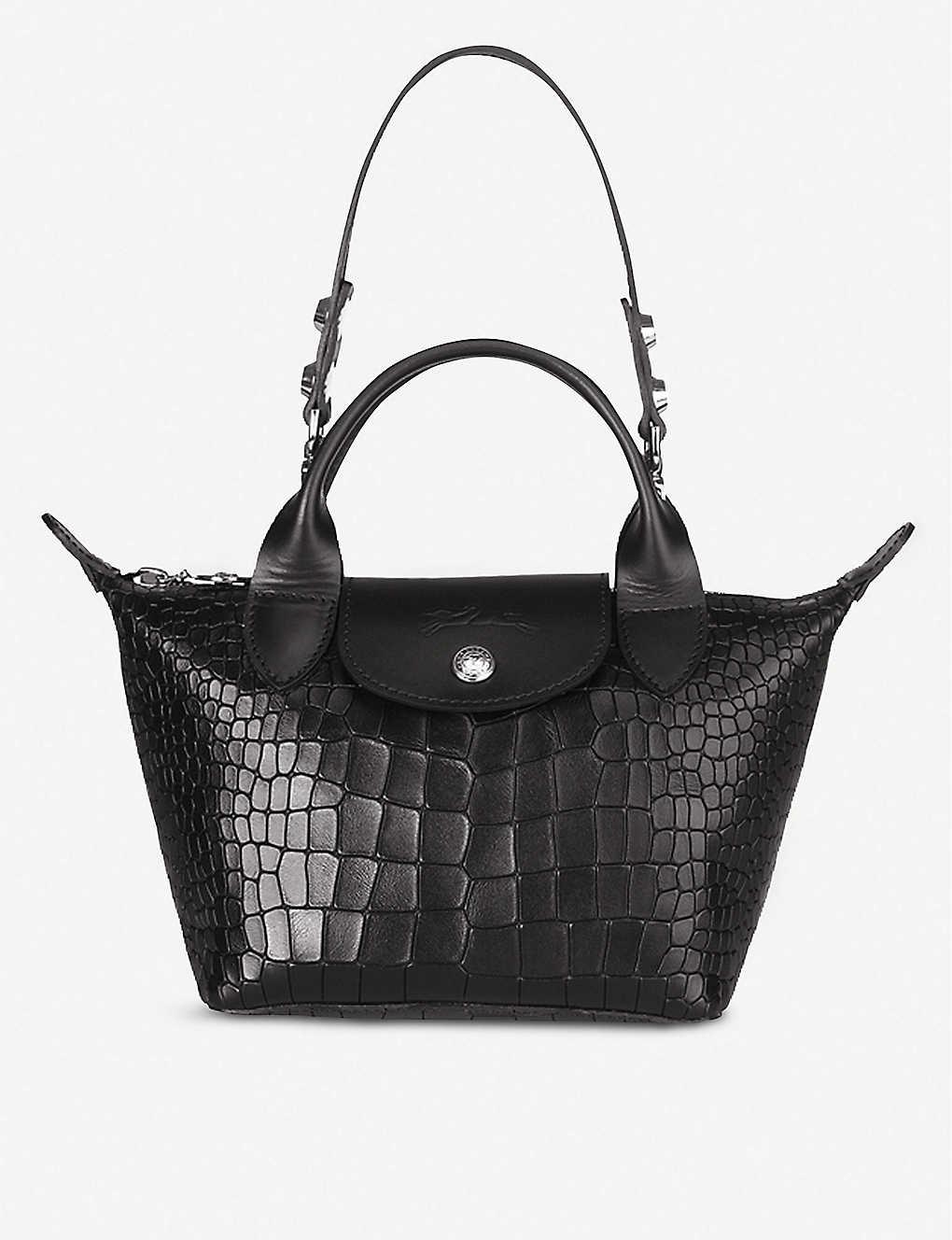 Longchamp Le Pliage Cuir Mini Croc-embossed Leather Top-handle Bag in Black