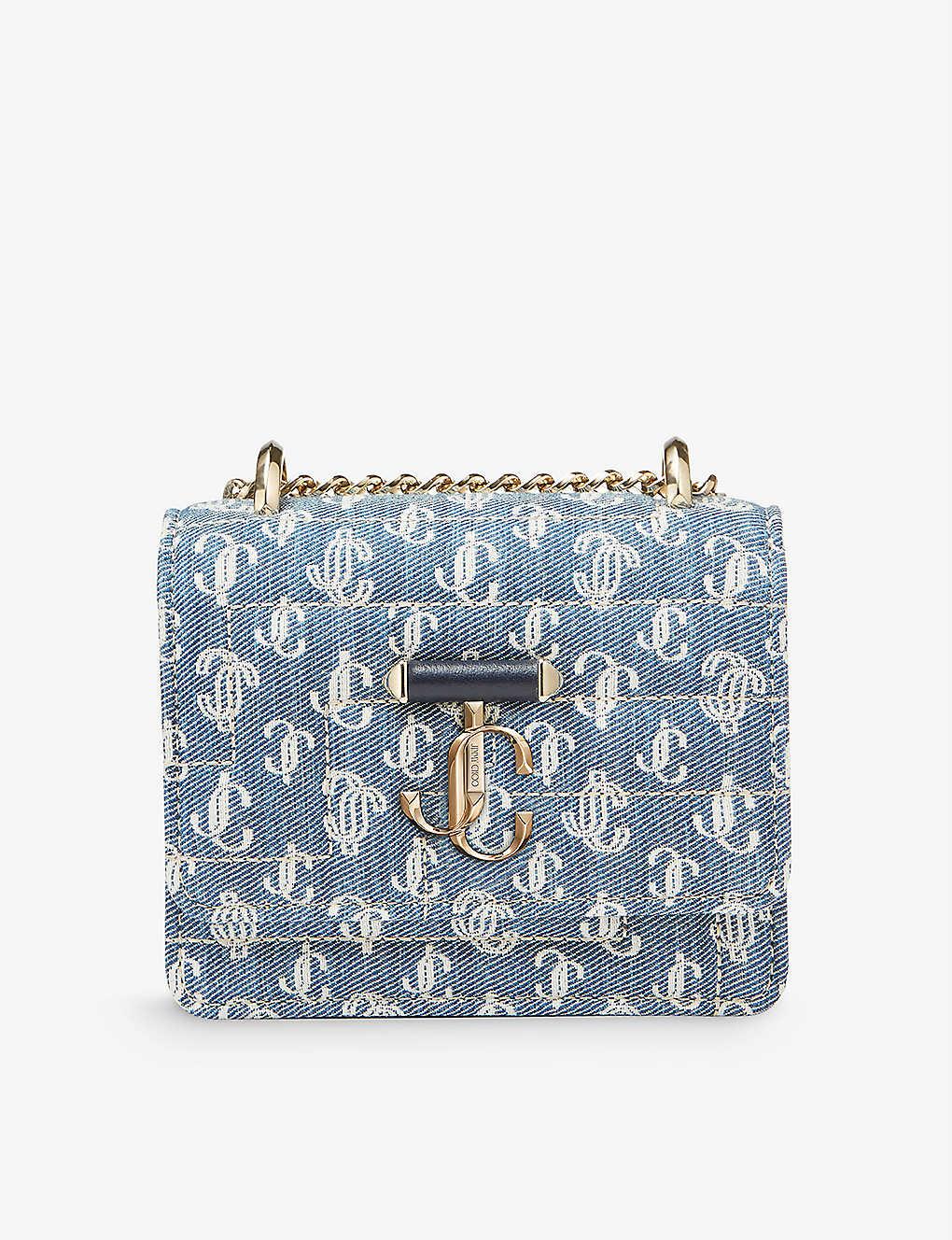 Jimmy Choo Micro Varenne Avenue Quad Monogram Denim Crossbody Bag in