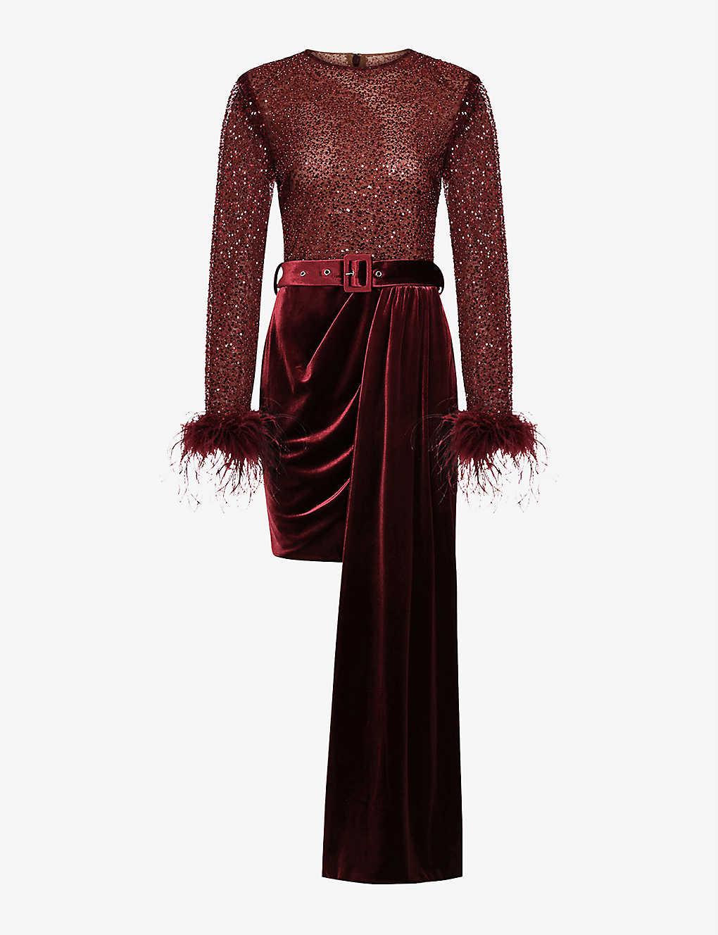 Lavish Alice Amira Sequin-embellished Feather-trimmed Stretch-woven ...