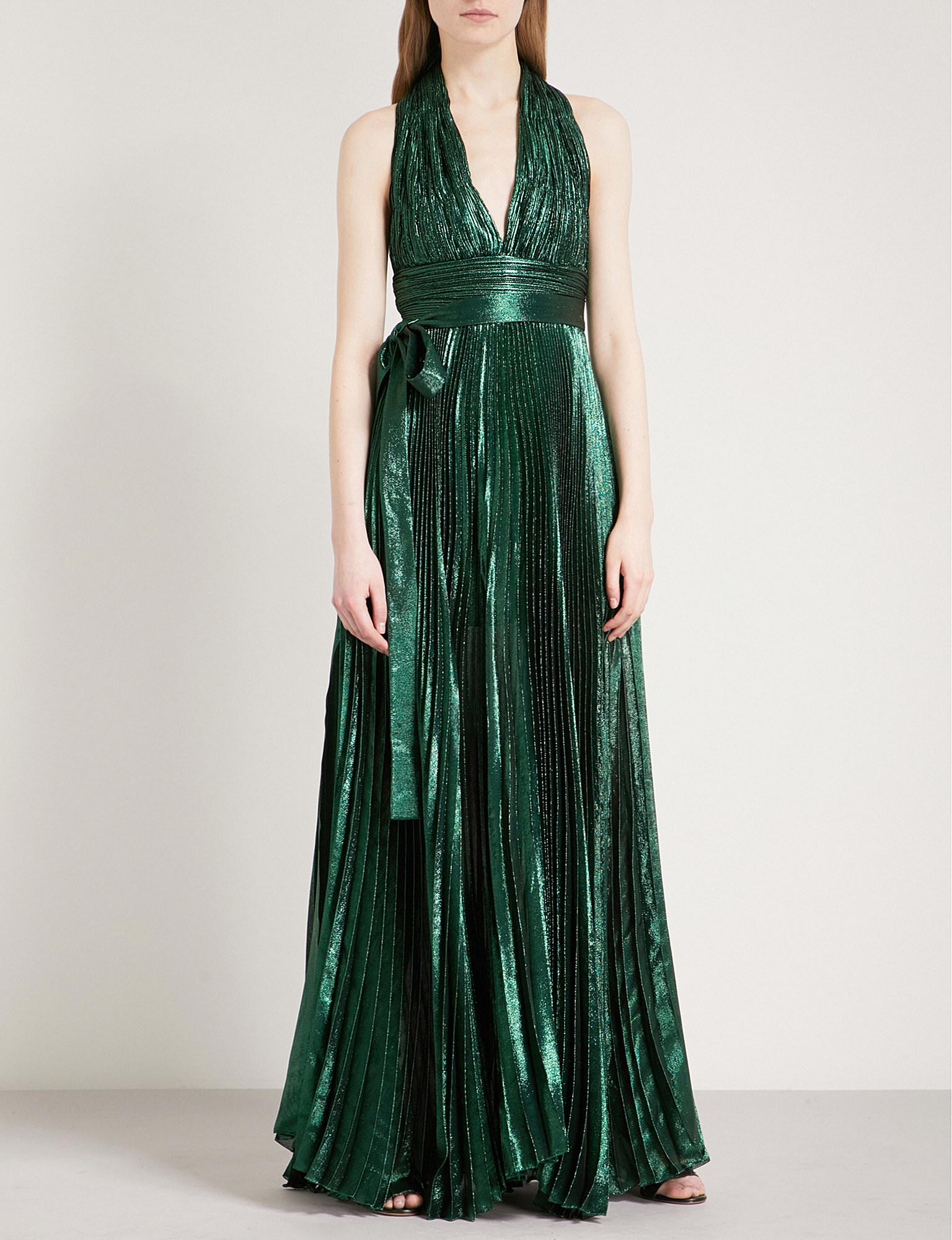 Elie Saab Pleated Metallic Silk-blend Maxi Dress in Green | Lyst
