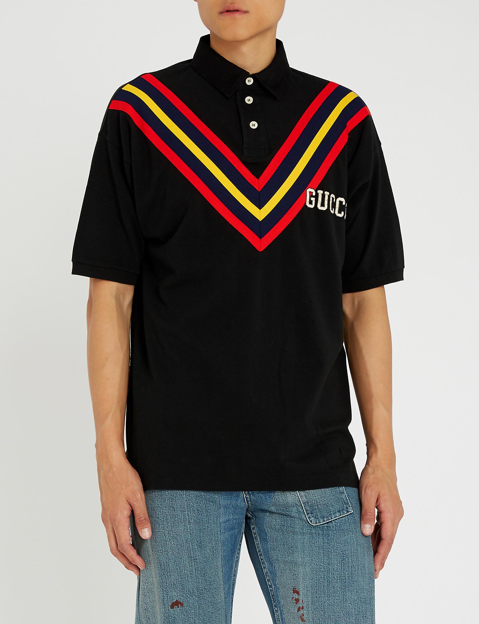 Gucci Graphic Print Cotton Polo Shirt in Black for Men | Lyst