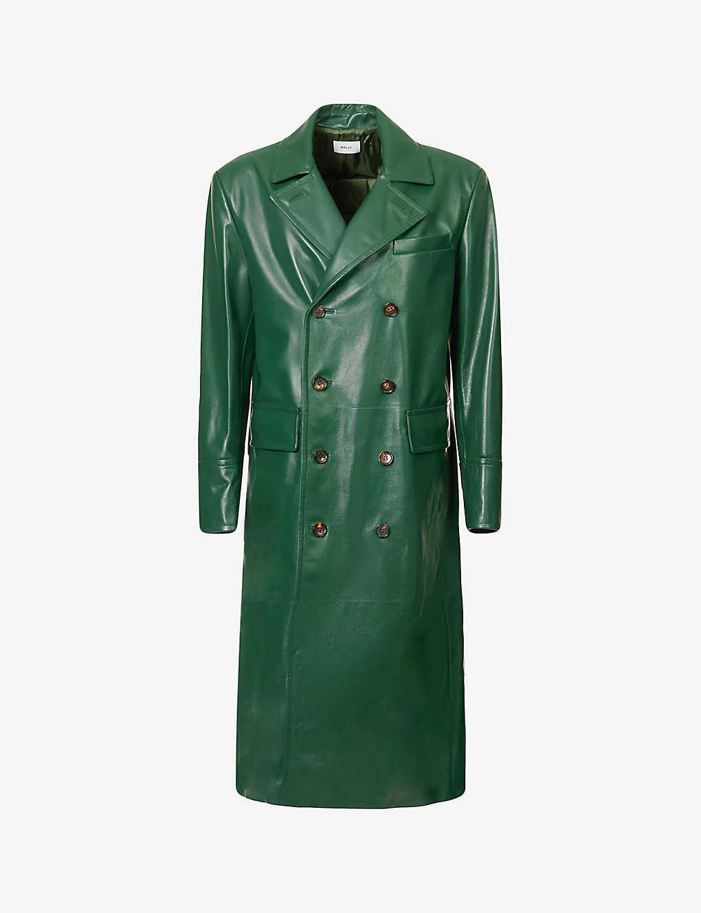 Bally Double-breasted Waist-adjuster Leather Trench Coat in Green