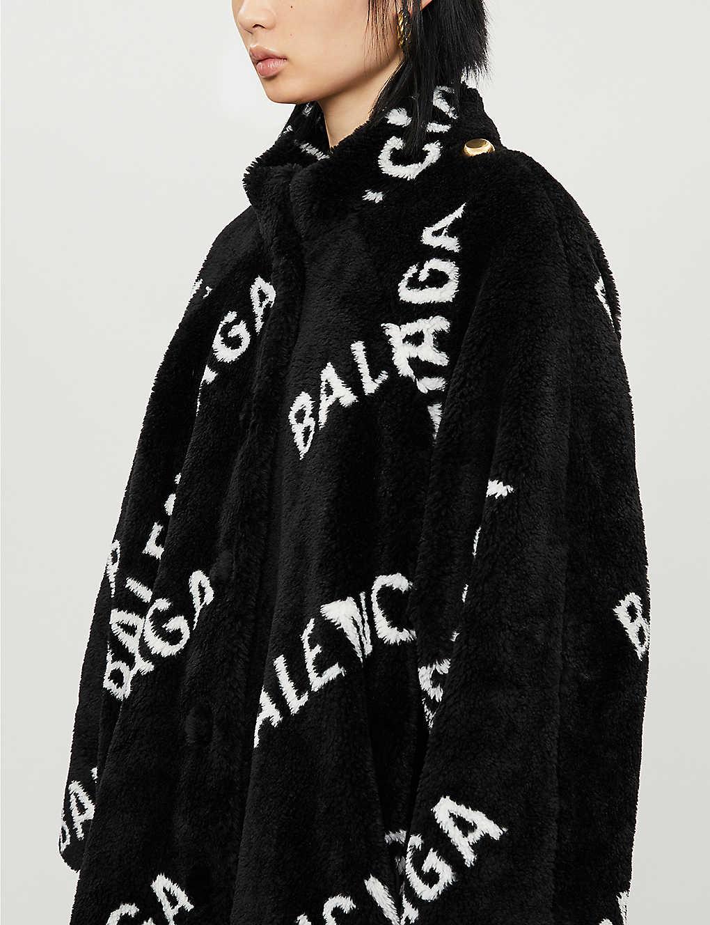 Balenciaga Pulled Opera Logo-print Faux-fur Teddy Coat in Black | Lyst