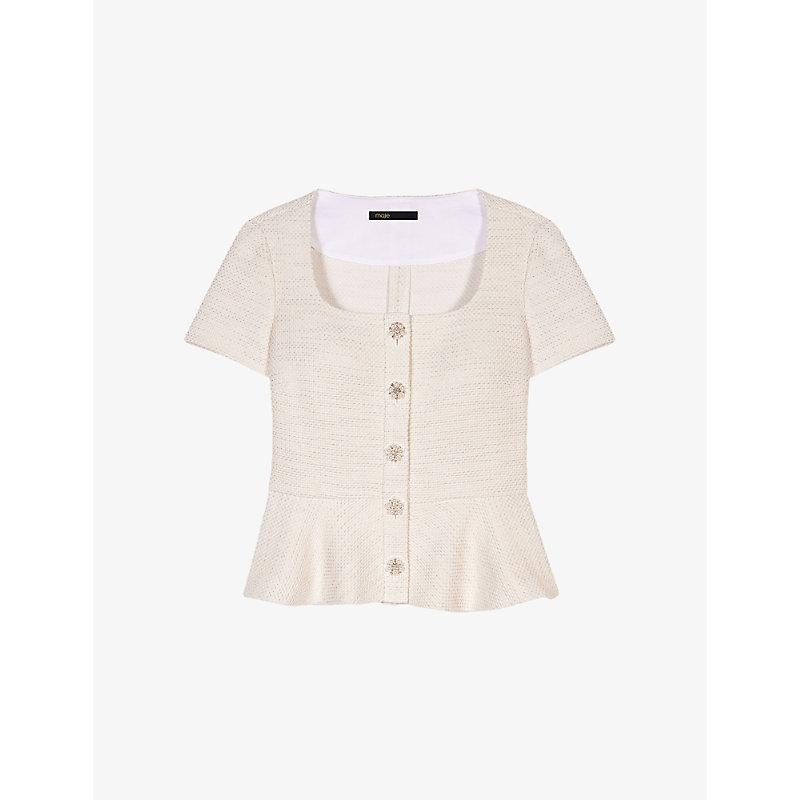 Maje Short-Sleeve Peplum Tweed Top in Natural | Lyst Maje Short-Sleeve Peplum Tweed Top in Natural | Lyst