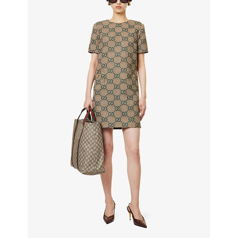 Gucci Monogram-pattern Wool Mini Dress in Brown | Lyst
