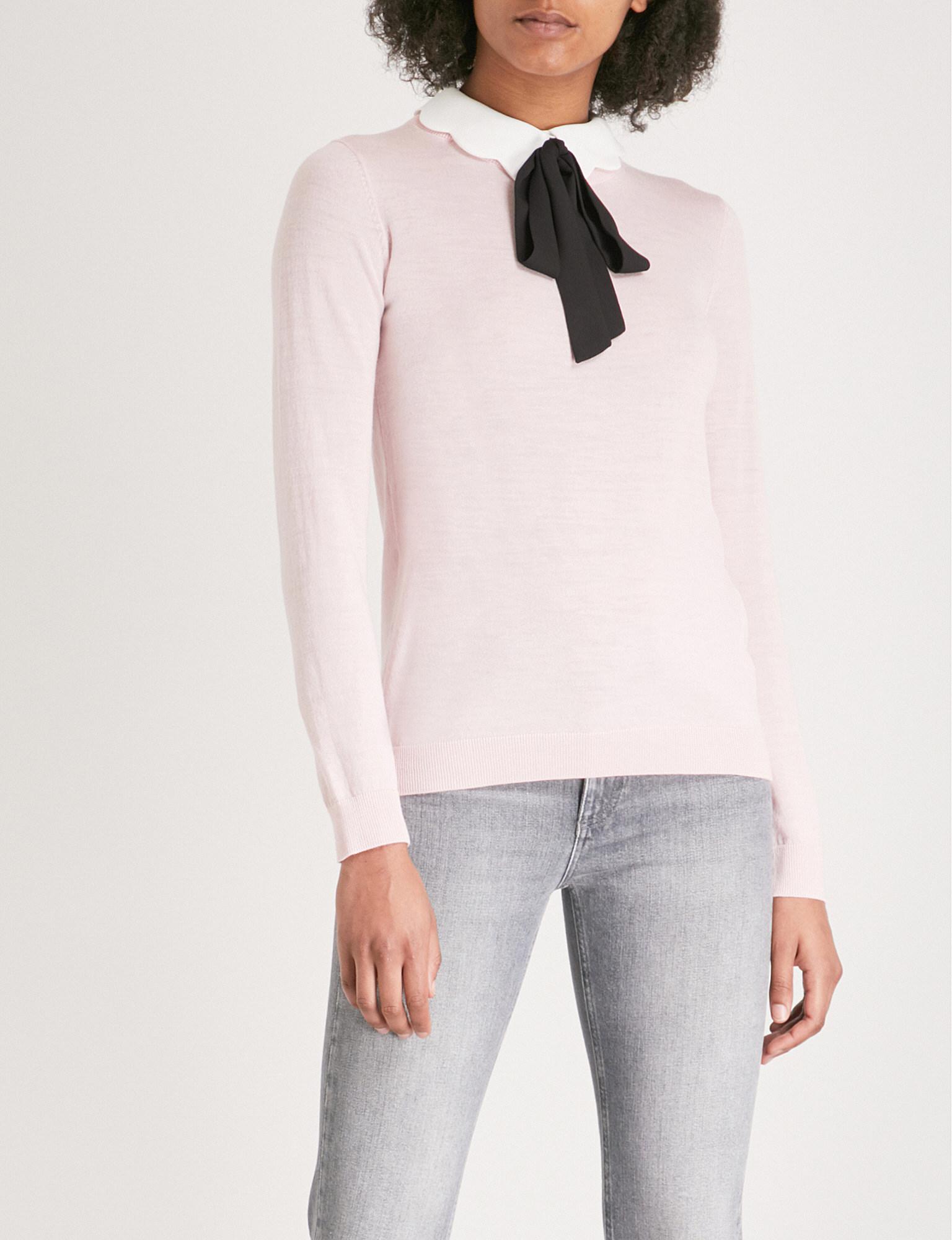 Claudie Pierlot Pussy Bow Collar Wool Jumper in White | Lyst