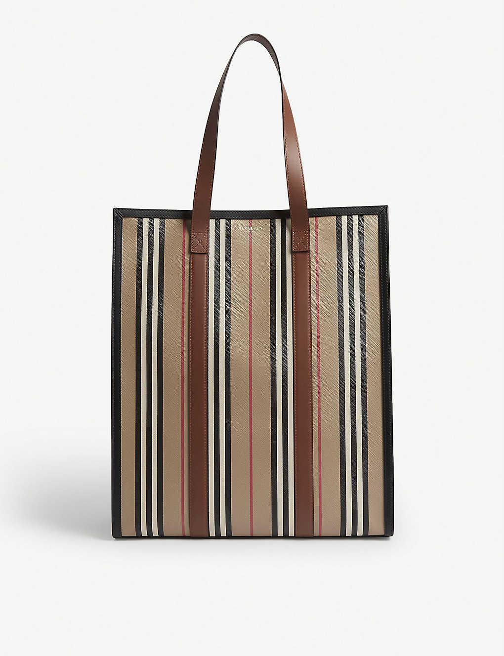 Burberry Ladies Small Monogram Stripe Belt Tote Bag, Brown