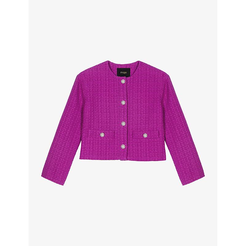 Maje Round-neck Logo-embossed Cropped Tweed Jacket in Purple | Lyst