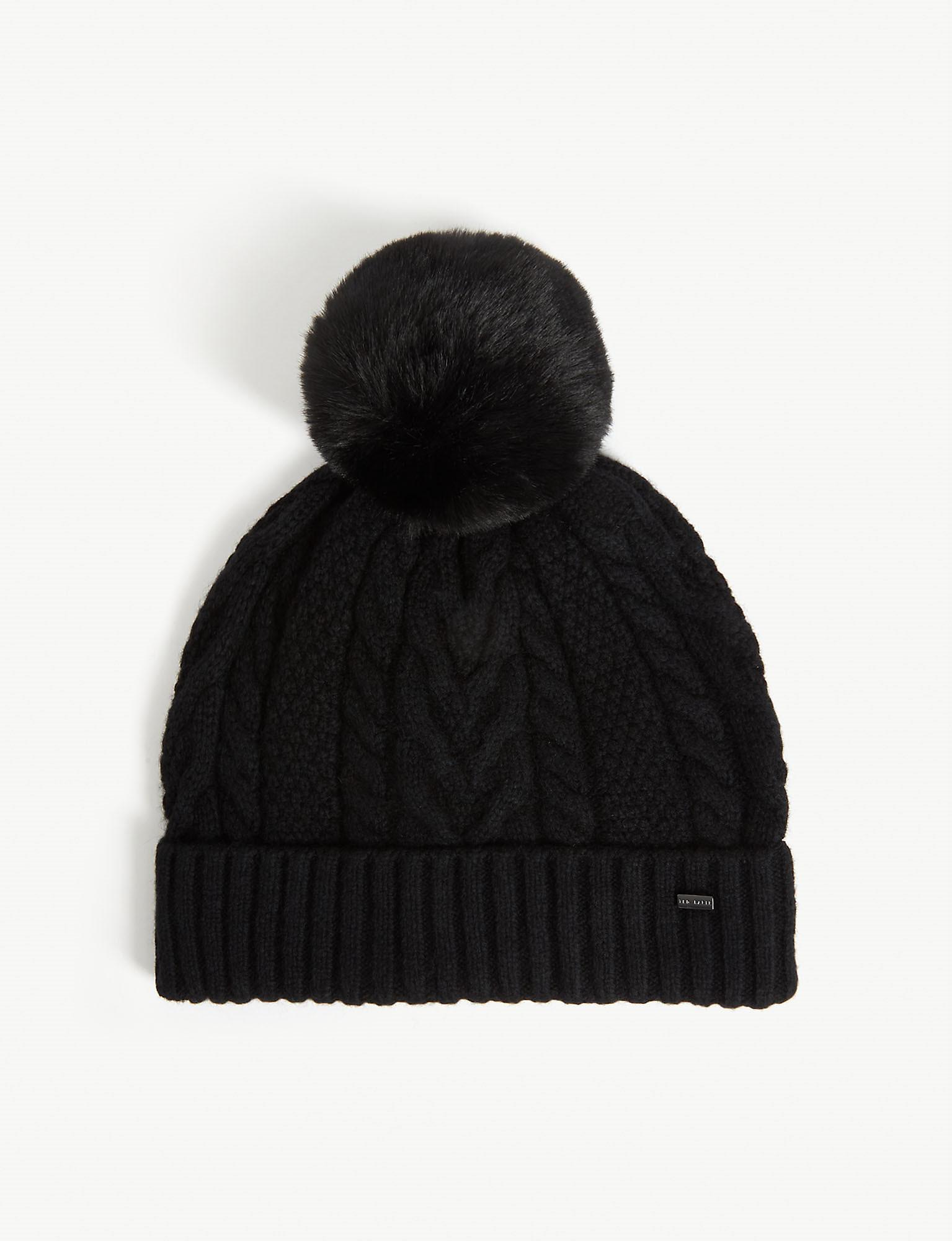 Ted Baker Ynuta Faux Fur Pom Pom Cable Knit Hat In Black Lyst