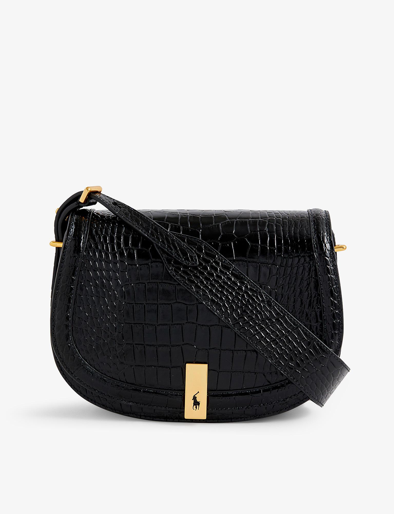 Polo Ralph Lauren Id Crocembossed Patentleather Saddle Bag in Black