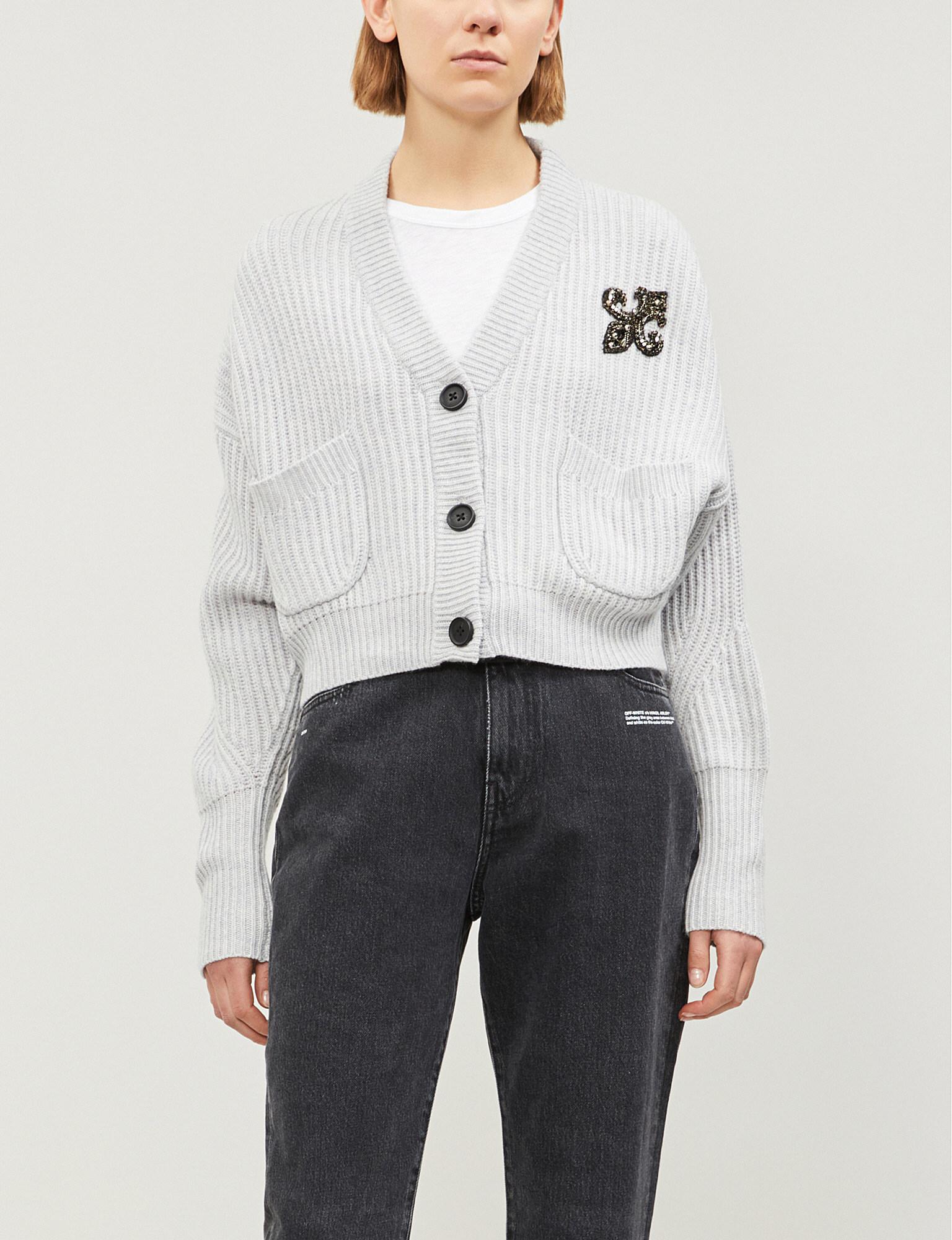 The Kooples Fleur De Lys Cropped Wool And Cashmere-blend Cardigan in Gray -  Lyst
