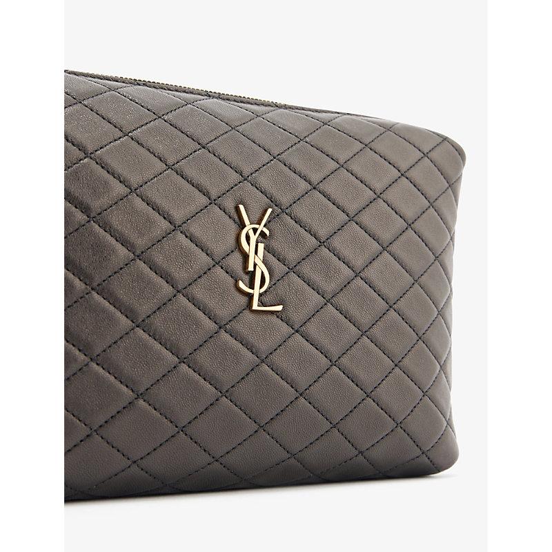 Saint Laurent Gaby Monogram-plaque Quilted-leather Pouch in Gray