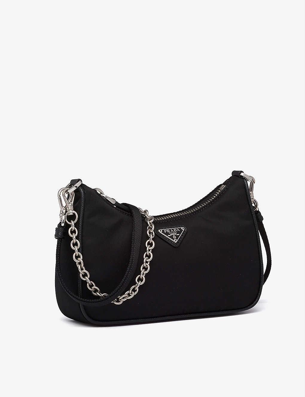 Prada Ladies Black Chain-embellished Leather And Re-nylon Shoulder Bag |  Lyst