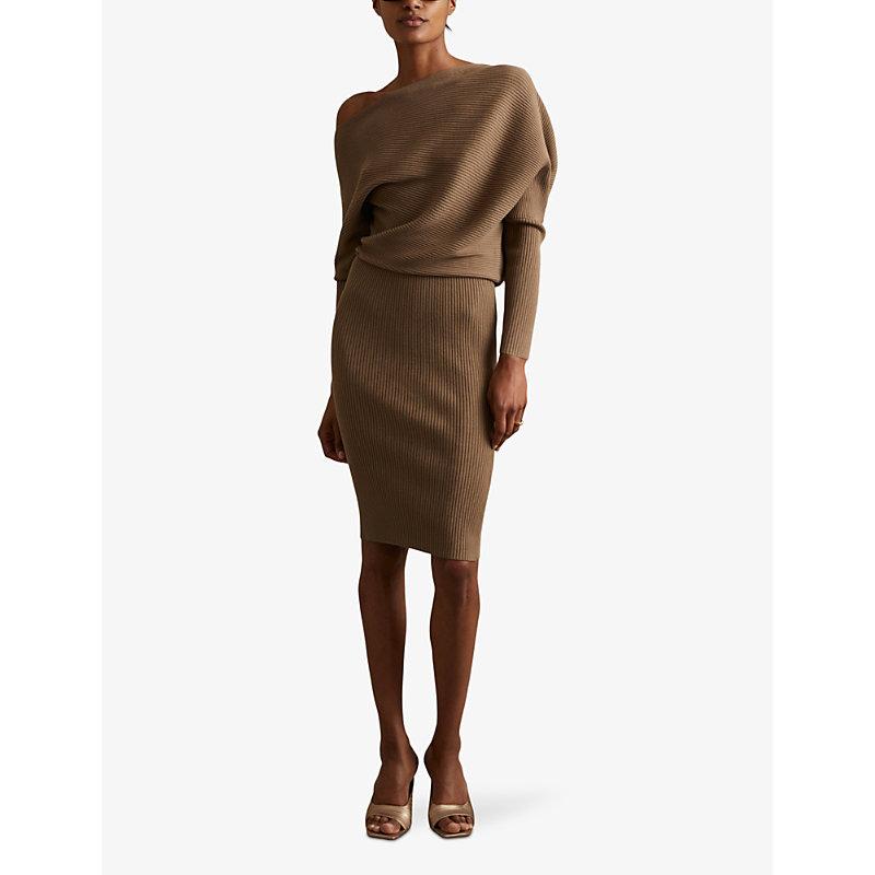 reiss lara draped knitted bodycon dress Reiss Lara Off-The-Shoulder Ribbed Midi Dress