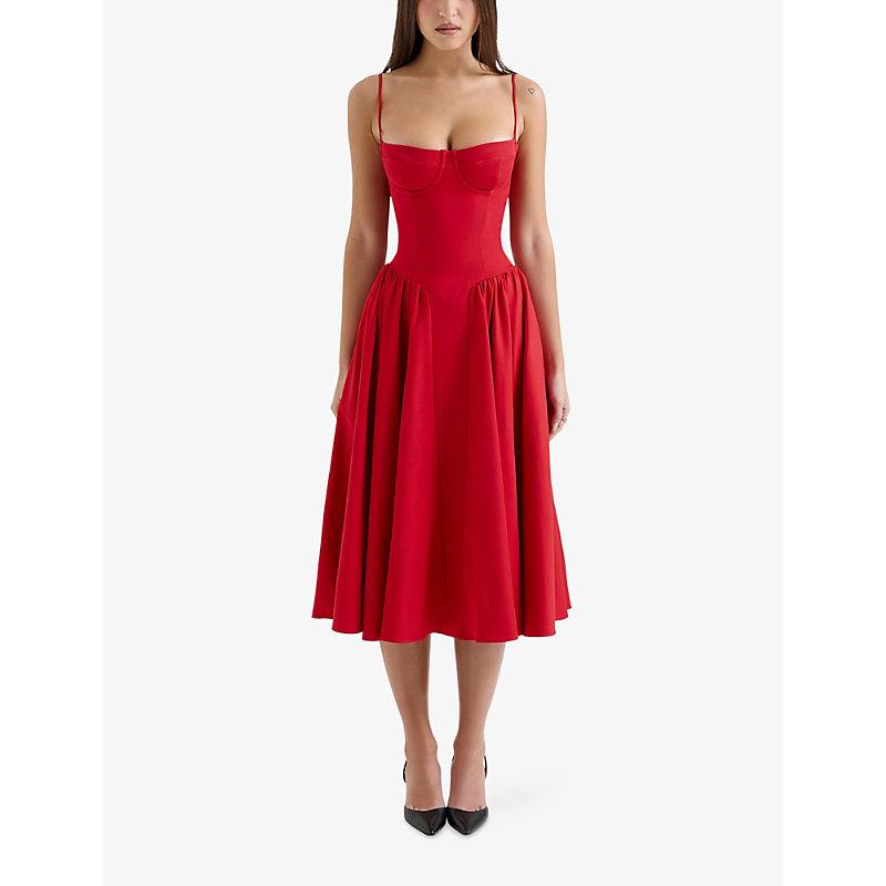 samaria corseted woven midi dress House Of Cb Samaria Corseted Woven Midi Dress in Red