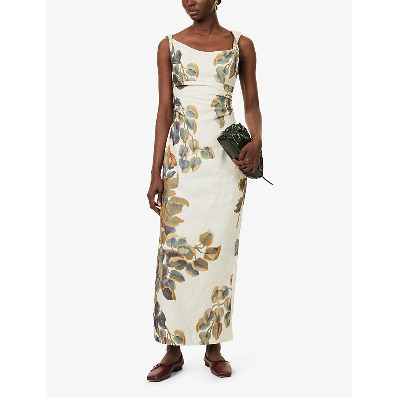 Evalita Twist Flower-Print Linen Midi Dress in Metallic Lyst UK