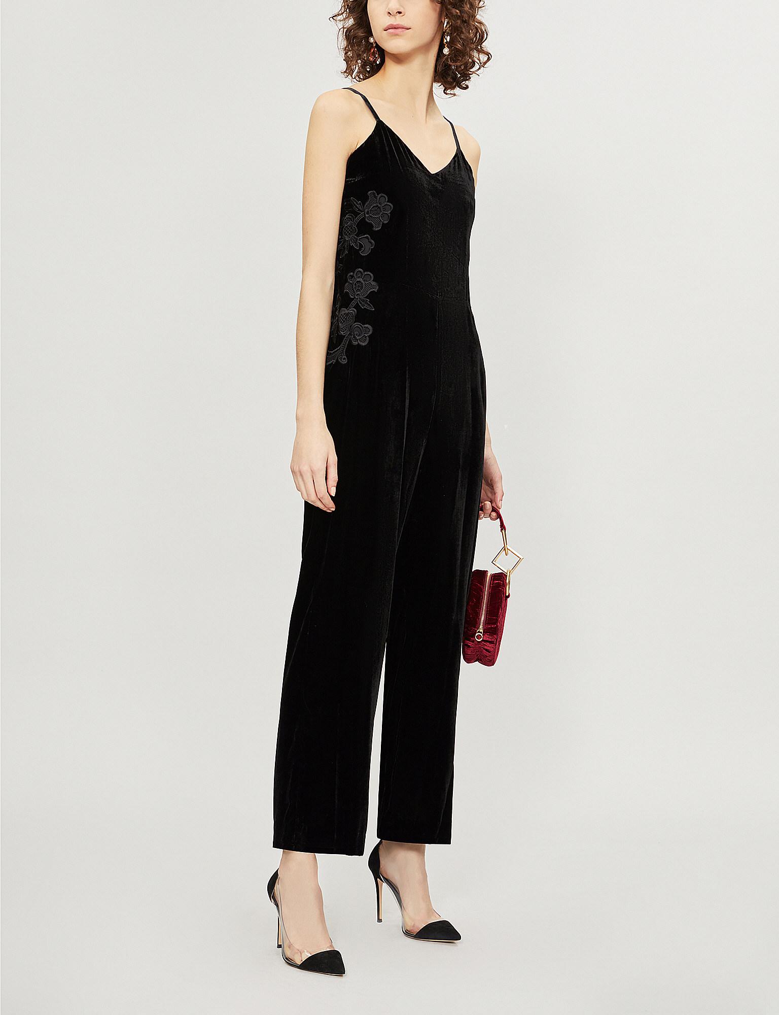 Sandro Emilia Floral-embroidered Wide-leg Velvet Jumpsuit in Black | Lyst