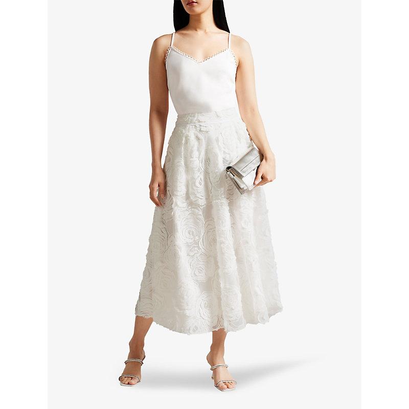 Ted Baker Rose-print Pleated Woven Midi Skirt in White | Lyst