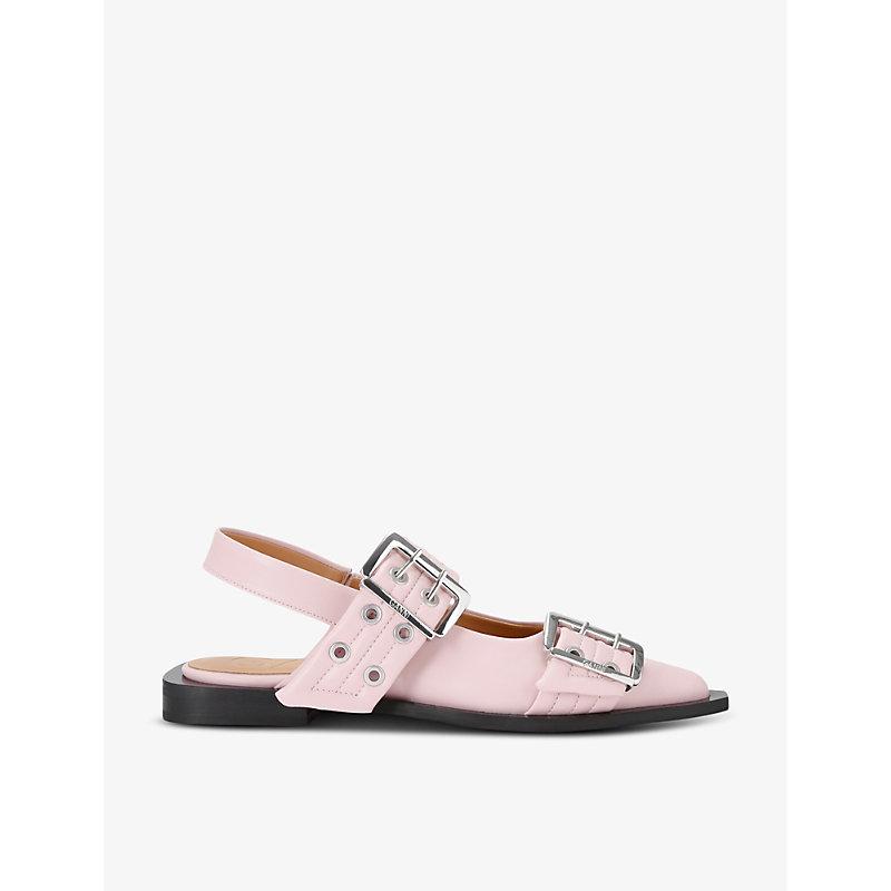 Ganni Pale Buckle-Embellished Slingback Leather Ballet Flats