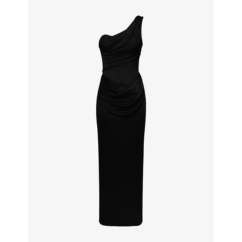 house of cb black one shoulder dress House Of Cb Caprice One-Shoulder Satin Maxi Dress Xs (A-C Cup) in Black