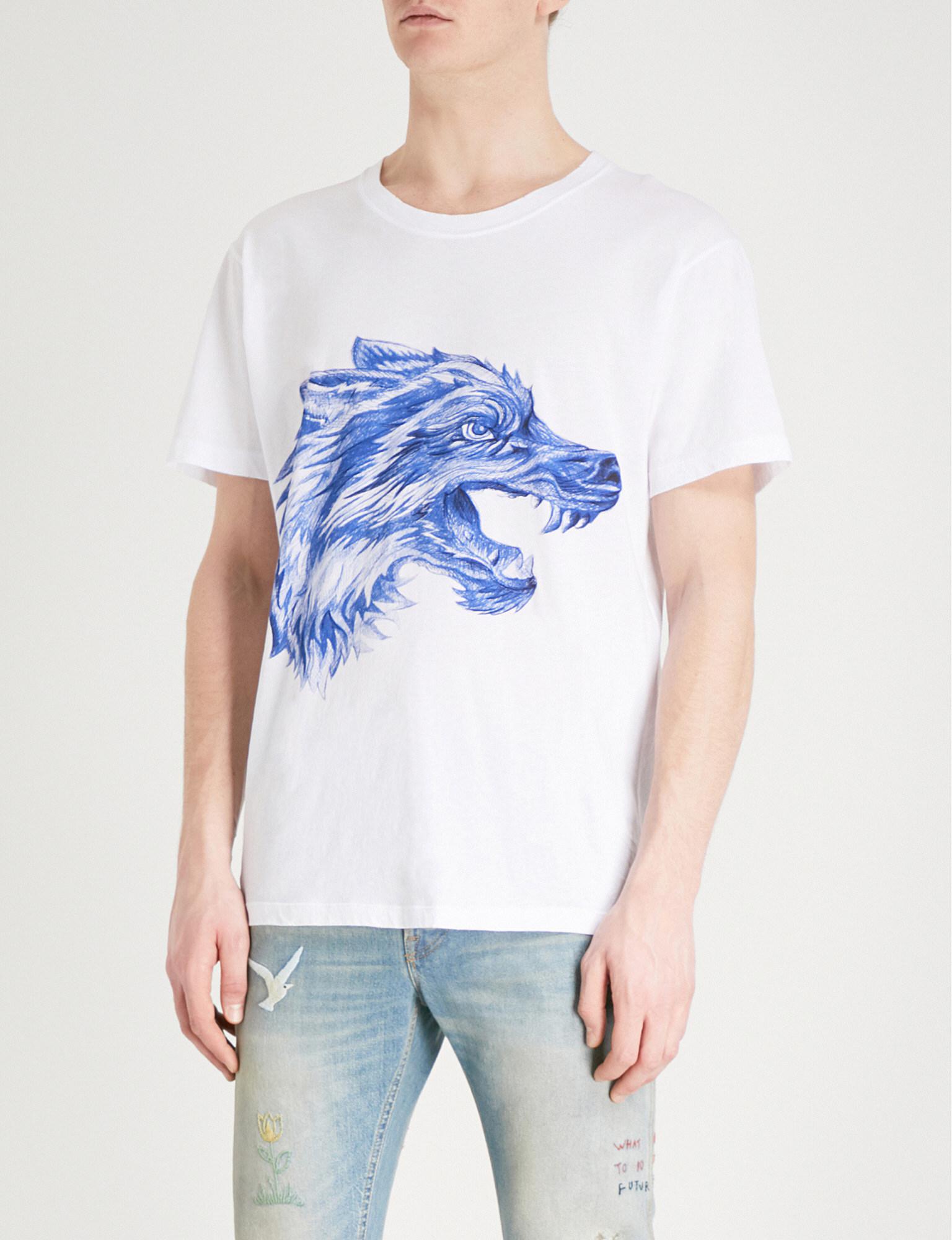Gucci Wolf Drawing-print Cotton-jersey T-shirt in White Blue (Blue) for Men  - Lyst
